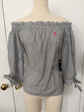 U.S. Polo Assn. Black & White Pinstripe Off-Shoulder Top with Pink Logo